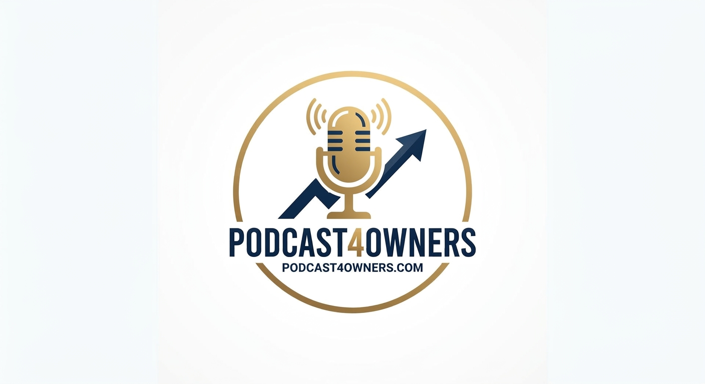 Podcast4Owners logo: a gold microphone with a rising navy arrow