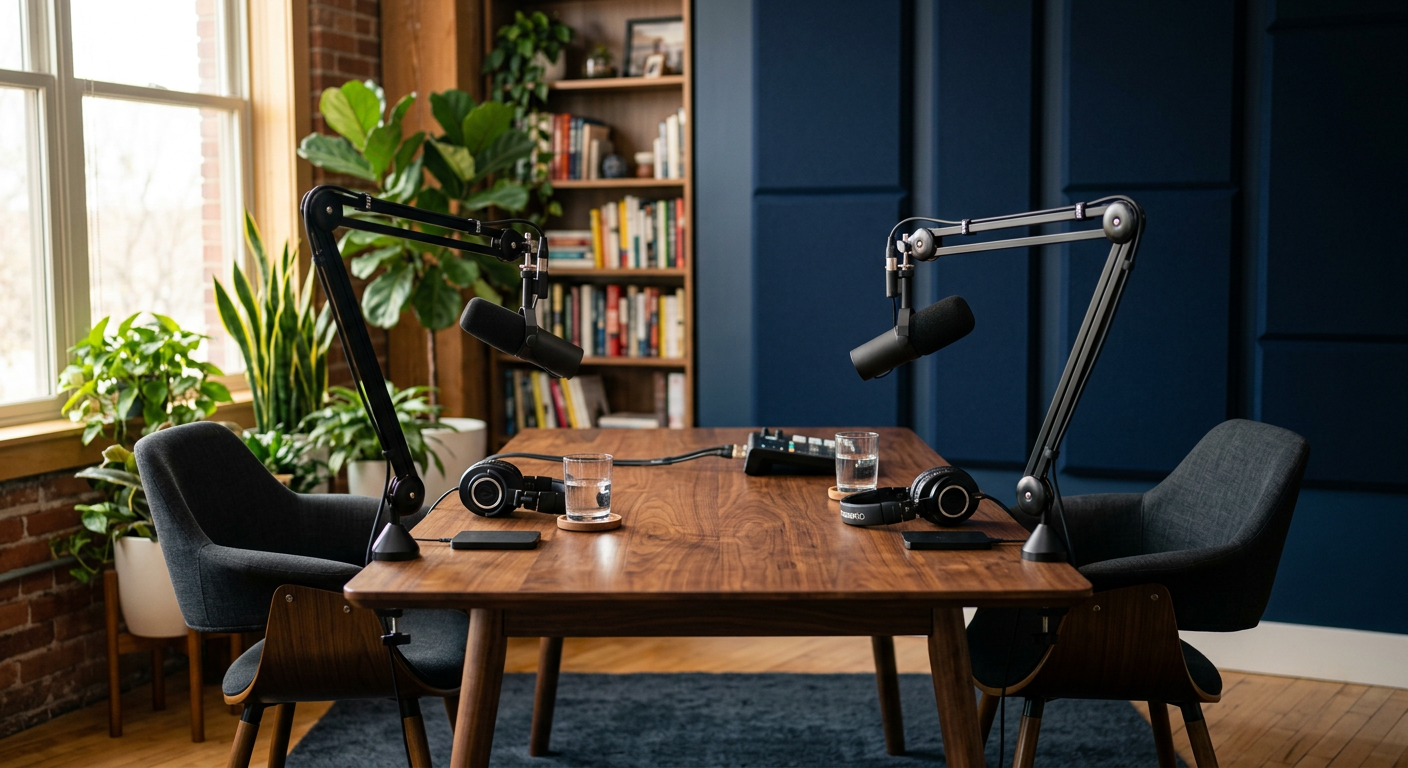 Podcast studio with professional microphones set up for a two-person interview